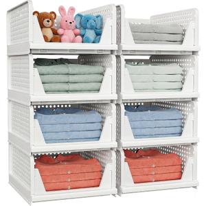 8 Pack Stackable Closet Storage Basket - Stackable Storage Bins, Multifunctional & Foldable Closet Organizer Waterproof, Wardrobe Cupboard Space-Saving Hat Storage Drawer Organizer, White
