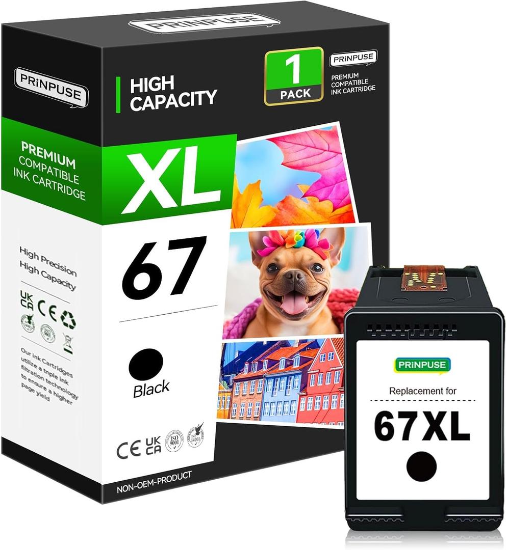 67XL Black Ink Cartridge Remanufactured Replacement for HP Ink 67 Black Ink Cartridge High Yield Used with 2700 2700e 2752 2752e 2742 2755 4100 4100e 4152 4155e 6000 6055 6400 6455e Printer