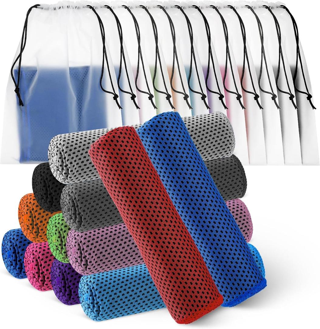 Hosuly 12 Pcs Cooling Towels for Face and Neck 12 x 40 Inch Workout Towels for Gym Fast Drying Hot Weather Sweat Rag Cold Cooling Cloth with 12 Bags Athletes Sport Yoga Golf(Mixing Colors)