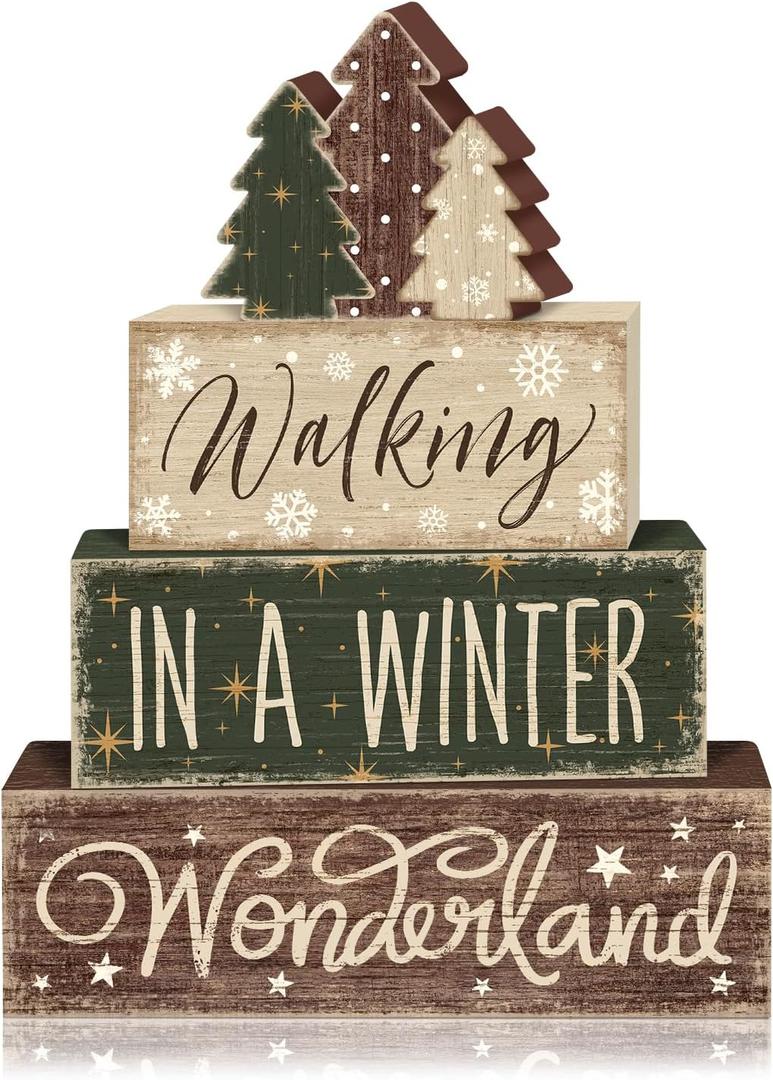 4 Pcs Christmas Decorations for Home Coffee Pine Tree Snowflake Table Decor Winter Wonderland Tiered Tray Decorations Set Gift Rustic Farmhouse Tabletop Decor for Table Home Office