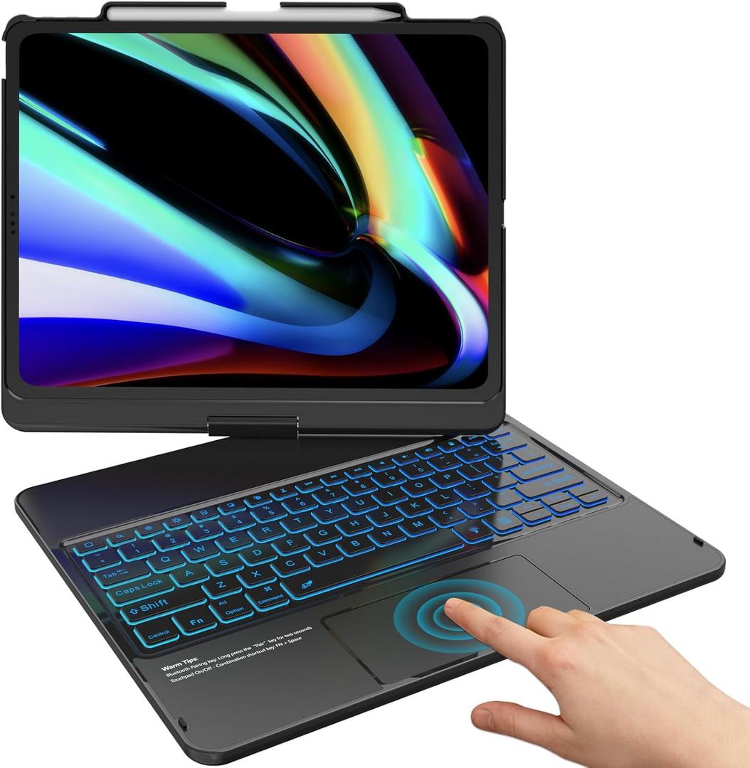 TQQ iPad Air 13 Inch Case Keyboard (M3 2025 / M2 2024), iPad Pro 12.9 (6th, 5th, 4th, 3rd Gen) Keyboard - 360 Rotatable, 7-Color Backlight, Multi-Touch Trackpad, Thin & Light (Black)