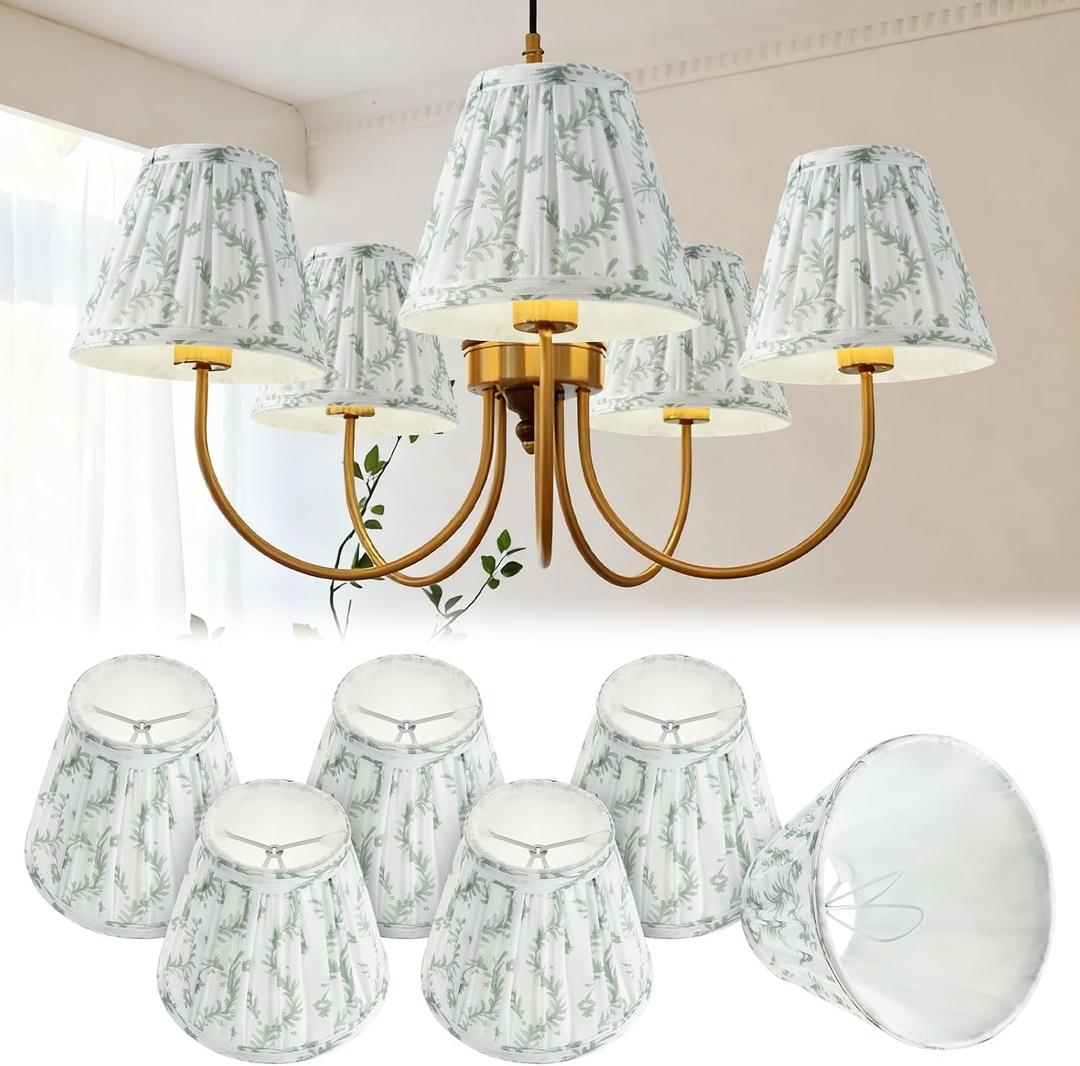 VIHOSE 6 Pcs Pleated Chandelier Lamp Shades 3" Top x 5.5" Bottom x 4.7" Slant Small Lampshades Clip on Bulb Classic Pleated Style Bulb Covers for Wall Sconces Pendant Lighting(Green Floral)