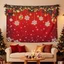 6.5x5ft Christmas Red Snowflake Backdrop with String Llights for Photography, Winter Christmas Photohoot Polyester Fabric Xmas Tree Snow Background for Family Holiday Party Decoration