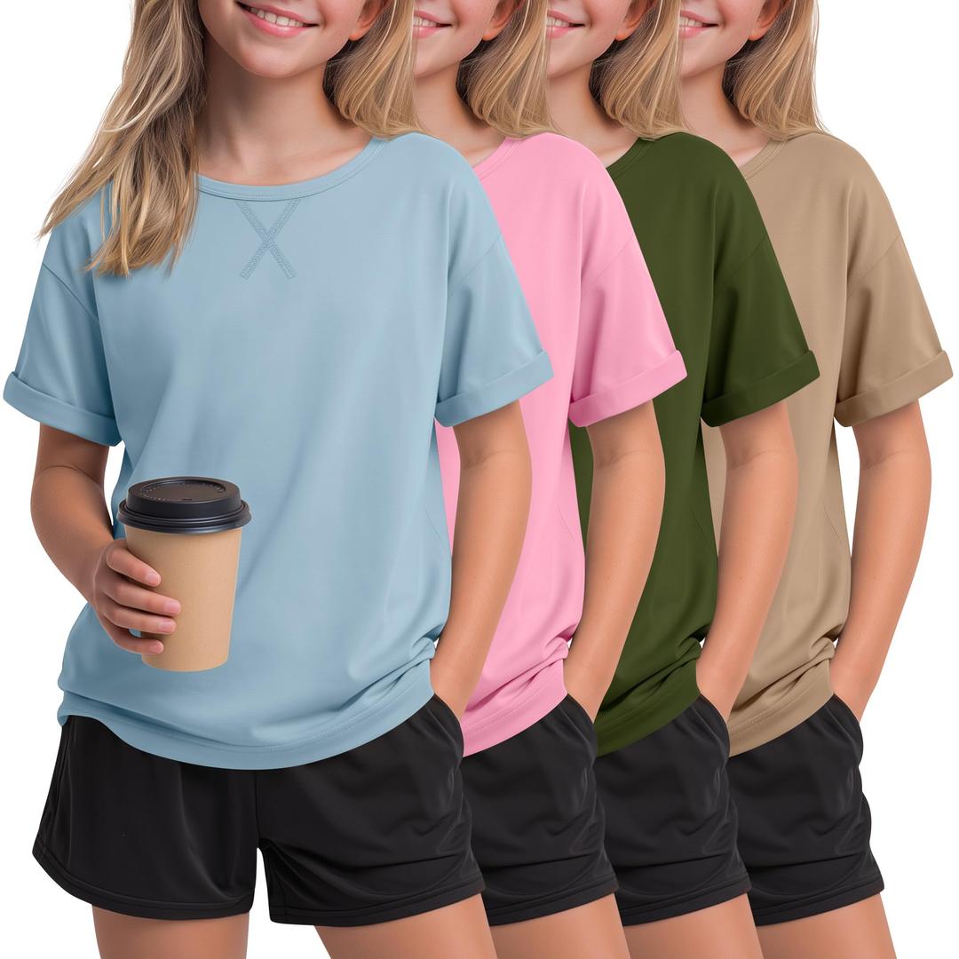 Oakgarden 4 Pack Girls Short Sleeve T Shirts Kids Casual Loose Tops Rolled Cuff Cute Basic Tees 5-14 Years Back to School(Light Blue, Pink, Army Green, Khaki,11-12 Years)