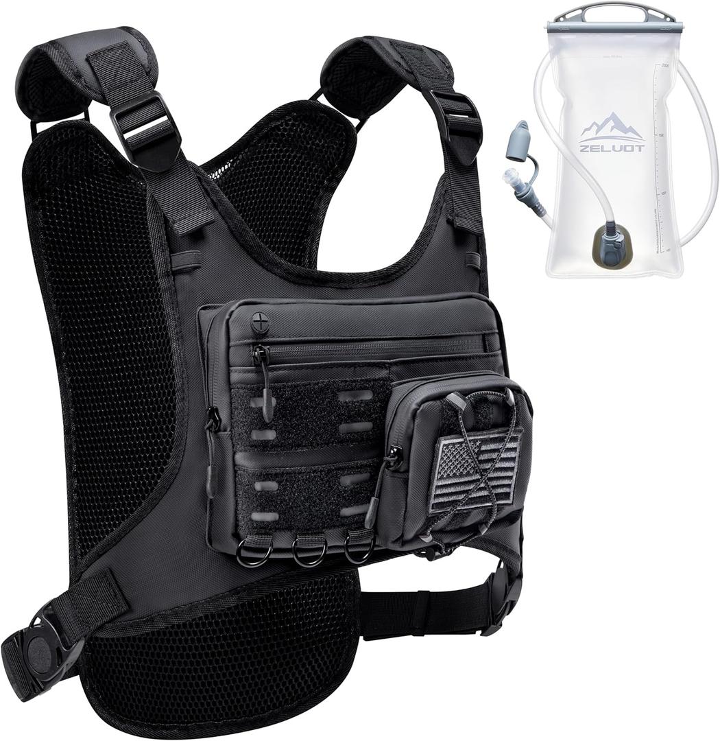 Running Vest with 2L Water Bladder, USA Original Patent, Lightweight Adjustable Chest Pack with Pistol Holster, Reflective Running Hydration Vest for Women Men for Hiking Marathon (Medium-Large, Black)