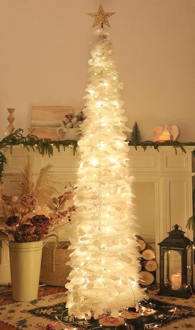 6 FT Pop Up Christmas Tree with 100 LED Timer Lights & Remote, White Collapsible Christmas Tinsel Tree Artificial Pencil Tree Xmas Decoration for Holiday Home Office Party, USB Powered