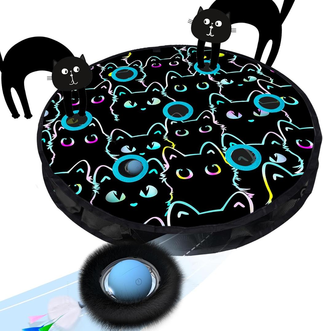 GoldenSun Interactive Cat Toys for Indoor Cats Adult, Automatic Random Rolling Smart Cat Ball Toy in Pouch, Hide and Seek Kitten Toy, Motion Touch Chirp-Activated, 7 Holes Mat Mouse Catching Game