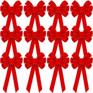 Lenwen 12 Pcs Large Red Christmas Velvet Bows Outdoor Big Christmas Tree Wreath Decorative Garland Red Velvet Bows for Gifts Indoor Outdoor Holiday Parties Xmas Decorations (26 x 12 Inch)