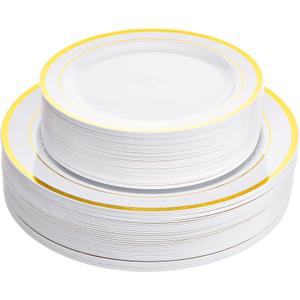 Aya's Cutlery Kingdom 100 White and Gold Plastic Plates for Thanksgiving Dinner - Fancy Plate for Party - 50 (10") Dinner and 50 (7.5") Salad Plates - Heavy Duty, Elegant Disposable Tableware Set