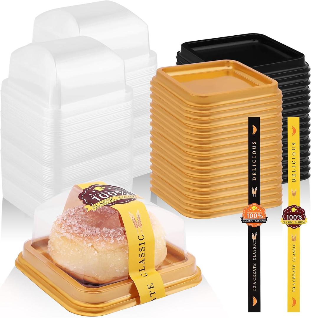 150 PCS Clear Plastic Mini Cake Boxes 3.5Inch Muffin Boxes Biscuit Boxes Cheese Pastry Moon-Cake Dessert Box Packaging Containers for Party, With Sticker To Secure The Lid