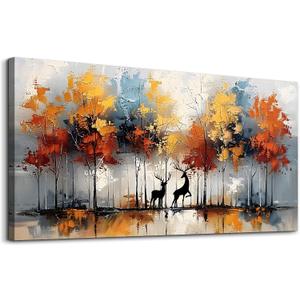 Lapremoly Large Canvas Wall Art For Living Room Wall Decor For Bedroom Modern Office Decorations Textured Abstract Wall Pictures Elk Forest Landscape Paintings Canvas Art Prints Home Decor Artwork, 40"L x 20"W, Elk Forest Landscape Painting