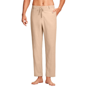 ISEEGZ 30" Men's Linen Pants Casual Dress Pants Drawstring Lightweight Business Trousers with 4 Pockets Beach Summer Khaki, XL