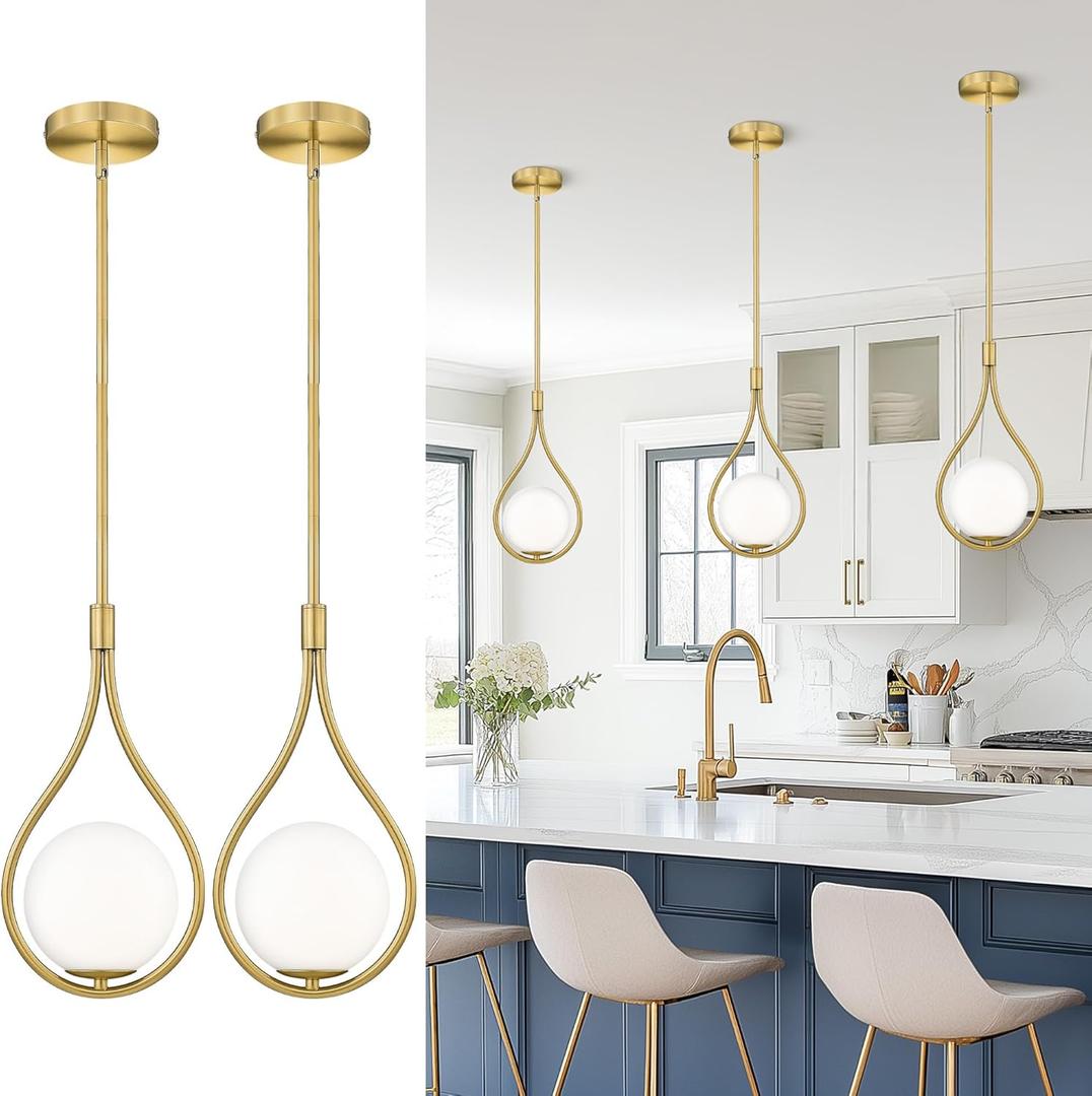 AUTELO 2 Pack Pendant Lights, Pendant Lights Kitchen Island in Brushed Gold Finish with Milky White Globe Glass, Gold Pendant Light Fixtures, Vintage Hanging Lights for Kitchen Island H9377 MGBG-2PK