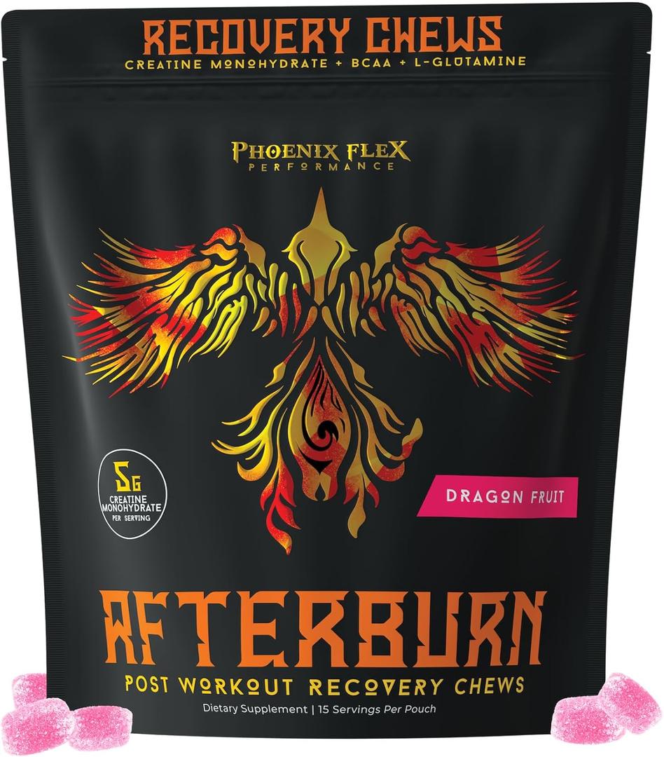 After Burn Creatine Monohydrate Chews - BCAAs & L-Glutamine - Gummies - Pre/Post Workout Recovery for Men & Women - Strength Energy Endurance - Muscle Growth - Immune Function