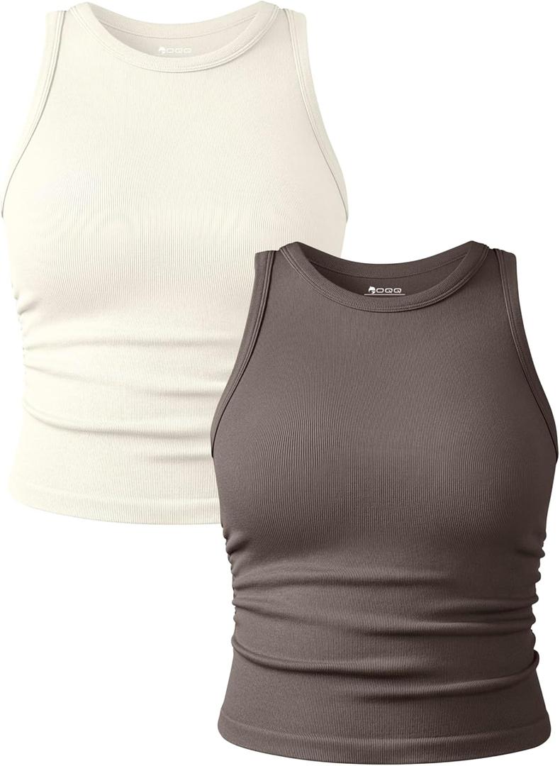 OQQ Women's 2 Piece Tank Tops Crew Neck Sleeveless Basic Stretch Casusal Yoga Crop Camis (Tea Leaf,beige) S