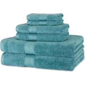 Amazon Basics Fade-Resistant Soft & Absorbent Bath, Hand and Washcloth Towel Set for Everyday Use, 100% Cotton, 30 x 54 inches, Teal Green, Set of 6
