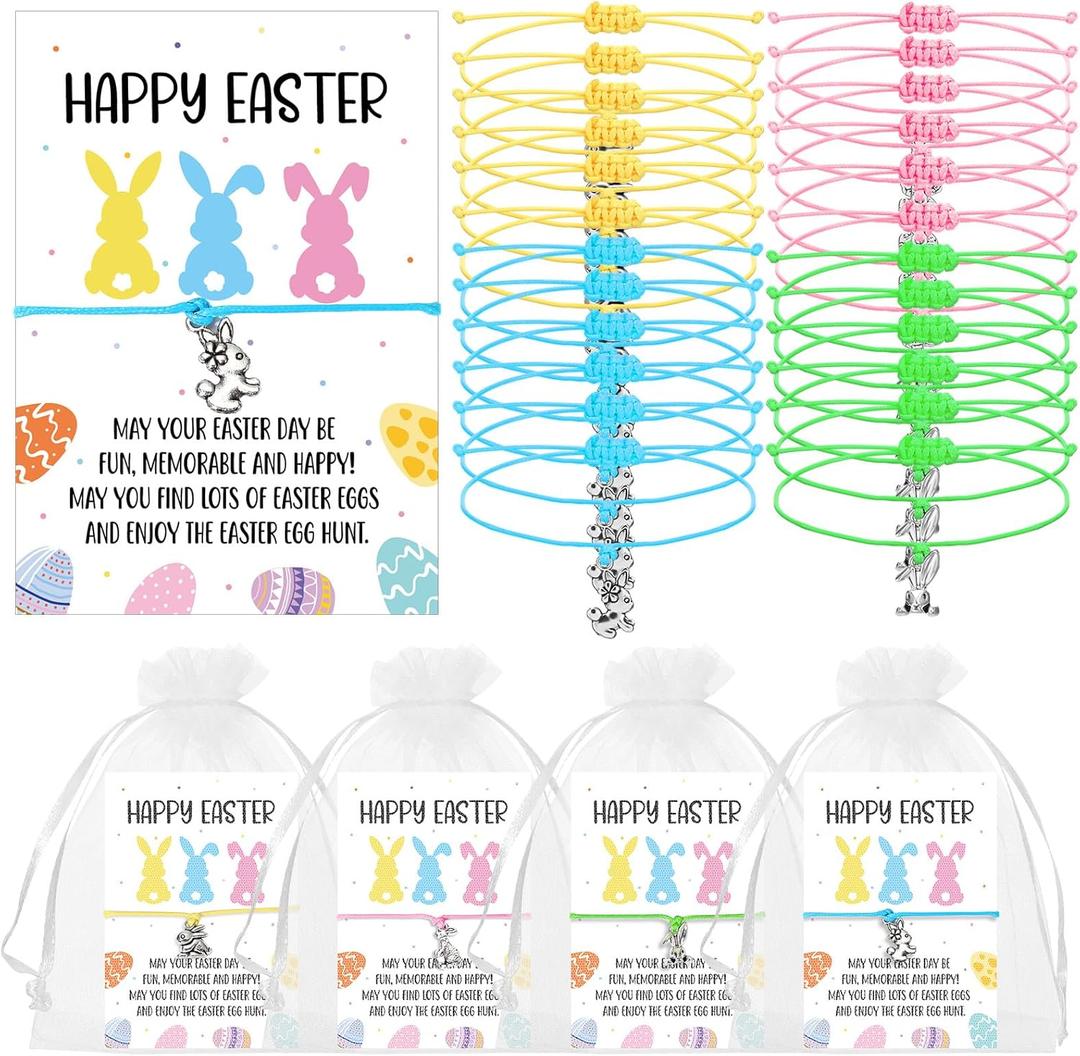 Tondiamo 24 Pcs Easter Gifts for Girls Adjustable Bunny Bracelets Christian Easter Rabbit Bracelets Cute Bulk Multicolor Bunny with Card and Mesh Bags for Women Teens