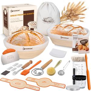SORON Sourdough Starter Kit, Banneton Bread Proofing Basket with Glass Sour Dough Starter Jar, Sourdough Bread Baking Supplies Tools, 9" Round & 10" Oval Banneton Baskets, Gift Set for Homemade Making