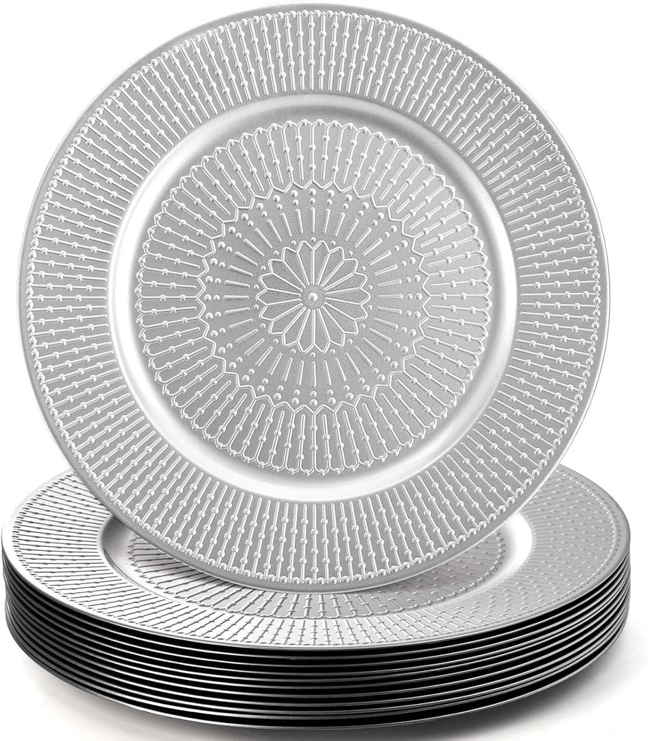 DEAYOU 12 Pack Silver Charger Plate, 13-inch Beaded Chargers for Dinner Plates, Plastic Reusable Round Charger Platters for Wedding, Party, Event, Table Setting, Decoration, Holiday