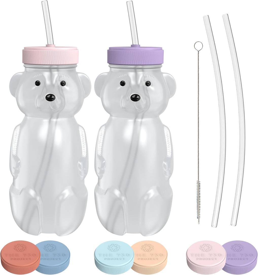 Honey Bear Straw Cup for Babies, Honey Bear Cups with Travel Lid, 2-Pack Therapy Learning HoneyBear Straw Sippy Cup for Toddlers, Cherry Blossom & Unicorn, 8 oz