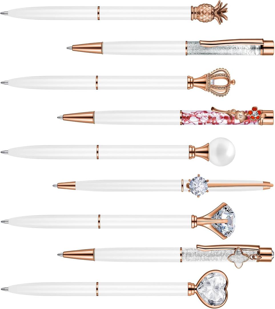 9 Pcs Fancy Pens for Women Crystal Diamond Pen for Journaling Pretty Glitter Ballpoint Inspirational Gifts for Women Girls College Students Cute Back to School Gift (White)