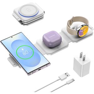 Travel Charger for Samsung Multi Devices, Foldable 3 in 1 Wireless Charging Station Fast Charging Stand/Pad Compatible for Samsung Galaxy S25/S24/S23/S22/S21/Note20 Galaxy Watch8/7/6/5/4/Galaxy Buds4 (Pure Ivory)