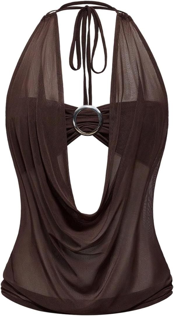 SweatyRocks Women's Sheer Mesh Draped Club Halter Tops Y2K Sexy Rave Going Out Top 2 Piece Outfits (Brown, S)