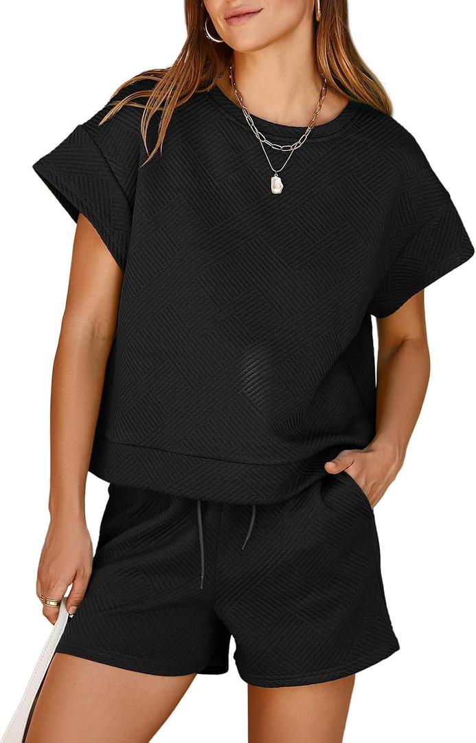 Dokotoo Women's 2 Piece Outfits Sweatsuit Casual Short Sleeve Pullover Tops and Drawstring Shorts Pants Lounge Sets (Black, M)