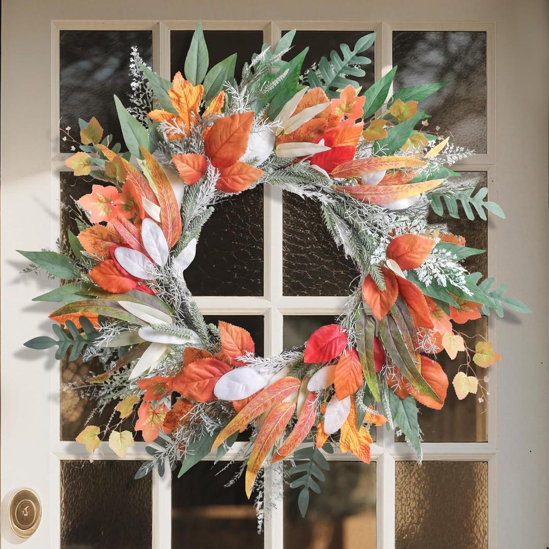 Fall Wreath for Front Door 24 Inch, Fall Door Wreath with Colorful Maple Lambs Ear Leaves for Door Reef Porch Home Farmhouse Thanksgiving Decorations Wedding Spring Winter Summer
