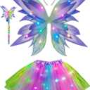 Girls Fairy Halloween Costume, Kids Light-up Tulle Skirt Butterfly Wings Fairy Stick Headband for Cosplay Party Favor, One Size, 4Pcs, Gradient Purple