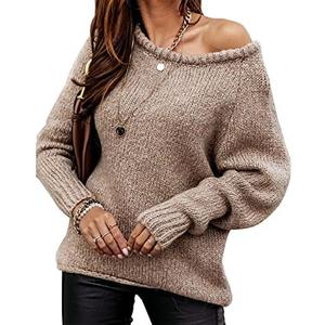 BTFBM Women Casual Long Sleeve Fall Sweaters Crew Neck Solid Color Soft Ribbed Knitted Oversized Pullover Loose Fit Jumper, Beige, L