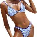 BIKINX Womens Swimsuits Sexy Thong Micro Bikini Ditsy Floral Two Piece Sets Bathing Suit Color Block Bandeau Swim Top (Size 4-6, 2 Pcs Triangle Blue 6)