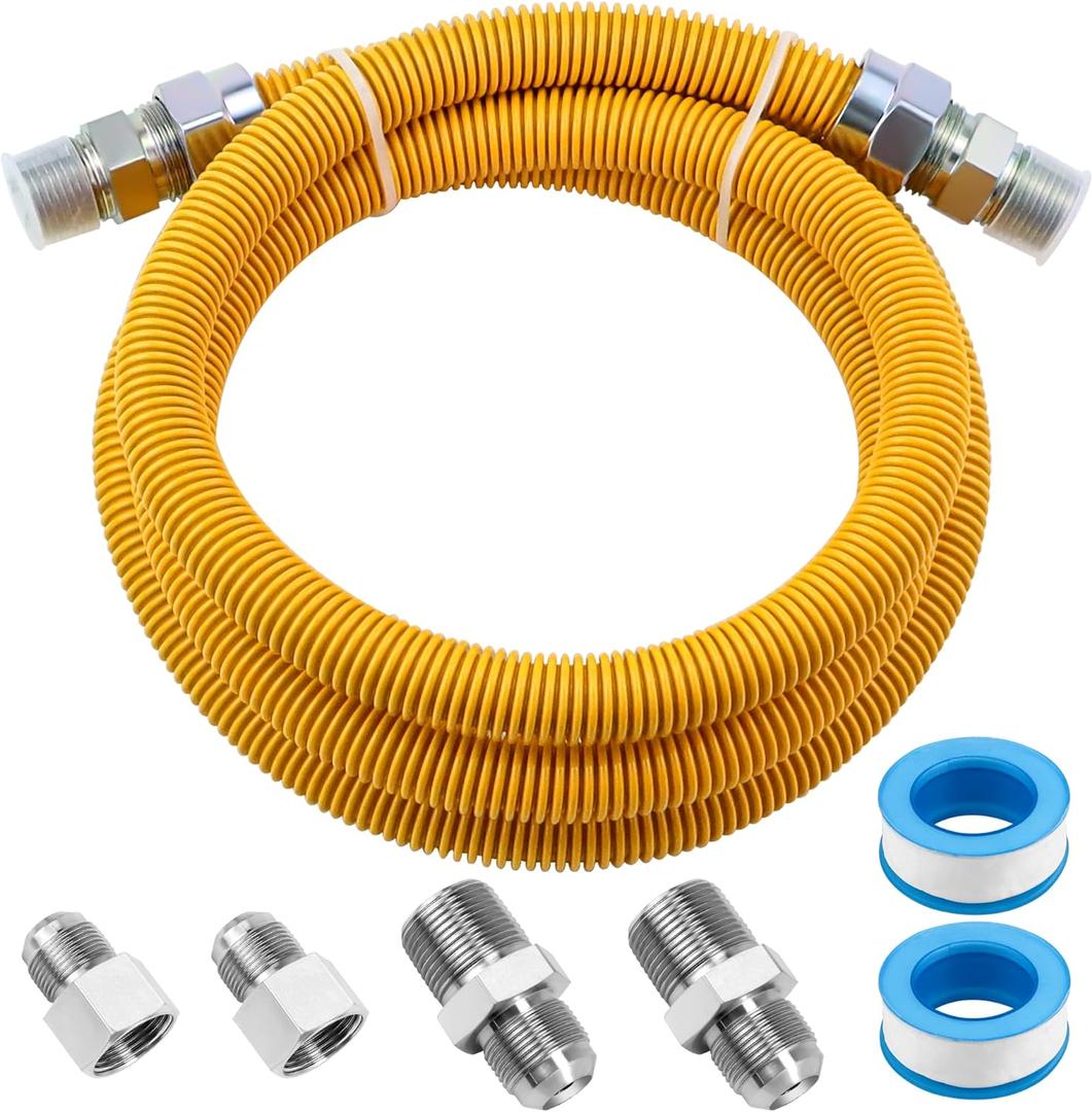 AMI PARTS 72" Flexible Gas Line Kit Yellow Coated, Gas Hose Connector Kit for Dryer, Stove, Water Heater,5/8" OD(1/2" ID) Stainless Steel Gas Line with Connector 1/2" MIP &1/2"FIP & 3/4"MIP Fitting