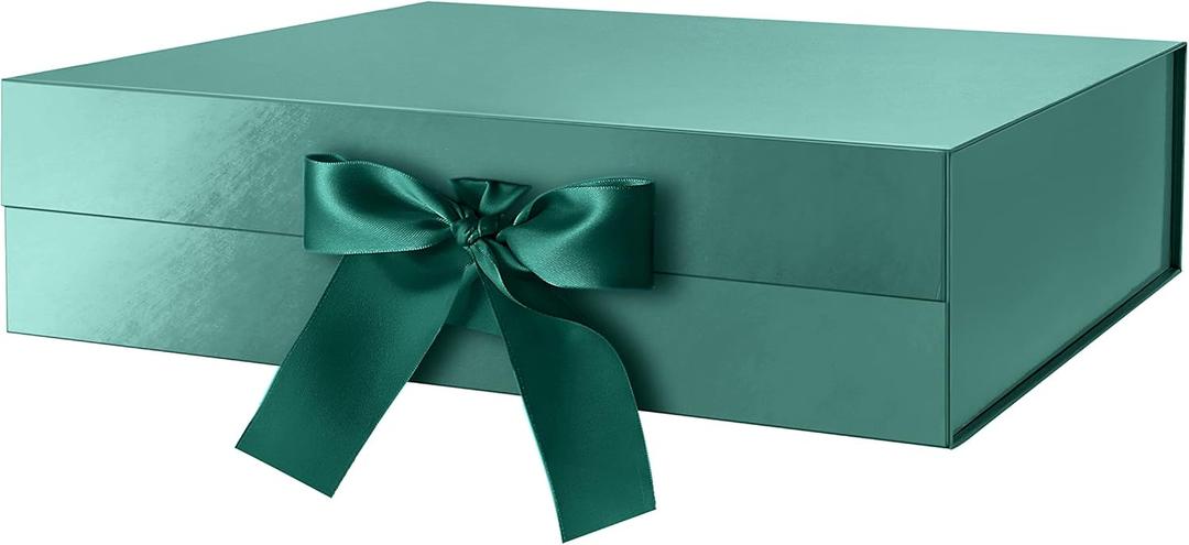 GREEN BEAN Large Gift Box with Lid for Present 13x9.7x3.4 Inches, Green Magnetic Gift Box with Ribbon, Bridesmaid Proposal Box (Glossy Green)