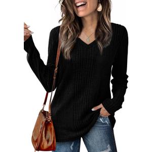 Lafural V Neck Long Sleeve Shirts for Women Casual Fall Tops Lightweight Tunic Sweaters Fashion Clothes 2024 Black S