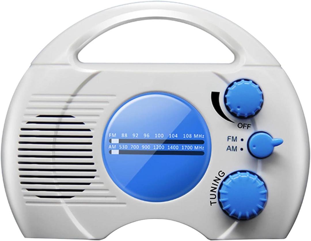 Portable AM/FM Shower Radio, Waterproof Hanging Radio with Built-in Speaker, Adjustable Volume, Battery Operated for Bathroom, Kitchen, Outdoor (Blue+White)