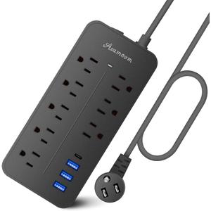 25FT Flat Plug Surge Protector - 8 Outlet & 3 USB Port (A & C) Power Strip Extension Cord, Wall Mountable Desk Power Strip for Home Office - Black - ETL Listed