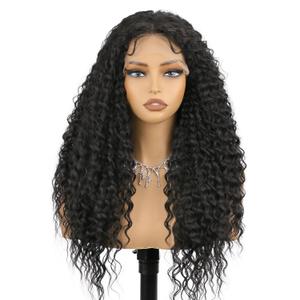 Black Synthetic Lace Front Wig for Women 24 Inch Long Curly Wavy 13X4 HD Lace Front with Baby Hair Natural Preplucked Hairline for Daily Party Use