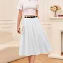Girls Womens High Waist Pleated Long Skirt with Pockets (White, S)