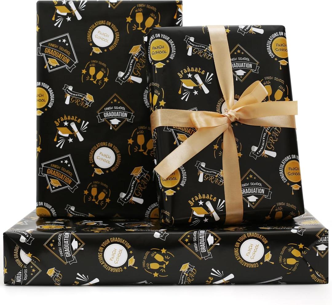 Graduation Gift Wrapping Papers, 6 Sheets Black and Gold FINISH SCHOOL GRAD Champagne Patterns Gift Wrap, 20 x 28inch per Sheet with 1 Roll Gold Ribbon for 2025 Graduation Party Gift Wrap DIY Craft