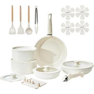 Pots and Pans Set Healthy Non toxic Non Stick Ceramic Cookware Set 21 Pcs Detachable Handles, Oven Safe, Induction Dishwasher, Stackable Frying Pan (PFOS, PFOA Free),Cream White