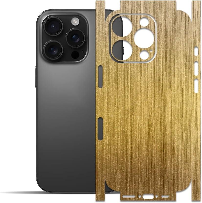 IPG Decal Made for iPhone 16 Pro Decorative Carbon Fiber Vinyl Back and Sides Full Protection Anti Scratch Skin Guard - 3D Surface - Easy to Install for 16ProBG (Brushed Gold)