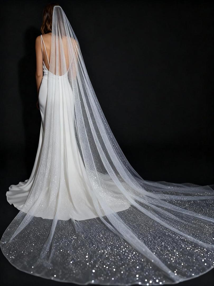 114inch Cathedral Wedding Veil Sparkle Long Glitter Bridal Veil 1 Tier Tulle Chapel Hair Accessories with Comb for Women and Bride