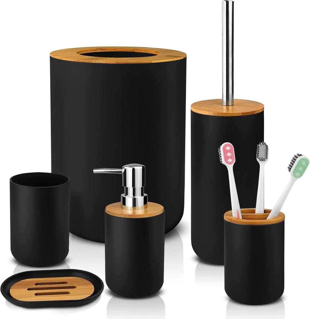 Hommtina Bamboo Bathroom Accessory Set, 6 Pcs bathroom essential Includes Toothbrush Cup, Toothbrush Holder, Soap Dispenser, Soap Dish, Toilet Brush with Holder, Trash Can, with 3 Toothbrushes (Black)
