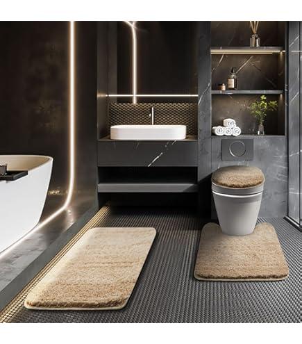 Baahrnom Bathroom Rugs Sets 3 Piece with Adjustable Toilet Seat Cover 17.5"x 15" Machine Washable Bath Rug Set with TPR Non Slip Rubber Backing Solid Bath Mat Set for Luxury Bathroom Decoration