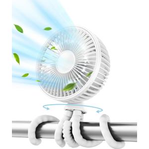 Gaiatop Oscillating Baby Stroller Fan with LED Night Light, 4 Speeds Cooling Rechargeable 360 Rotate Clip On, Battery Operated Small Portable Fans for Car Seat Crib Treadmill Travel (White)