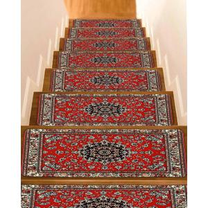 Abstract Red Stair Treads for Wooden Steps Indoor Runner Rug Carpet,Vintage Distressed Traditional Oriental Boho Tribal 15 Pieces Peel and Stick Staircase Step Treads Covers Washable Door Mats 30"x8"