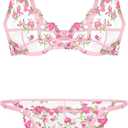 Lilosy Sexy Floral Embroidered Mesh Sheer Underwire Lingerie Set (Small, Flower Pink)