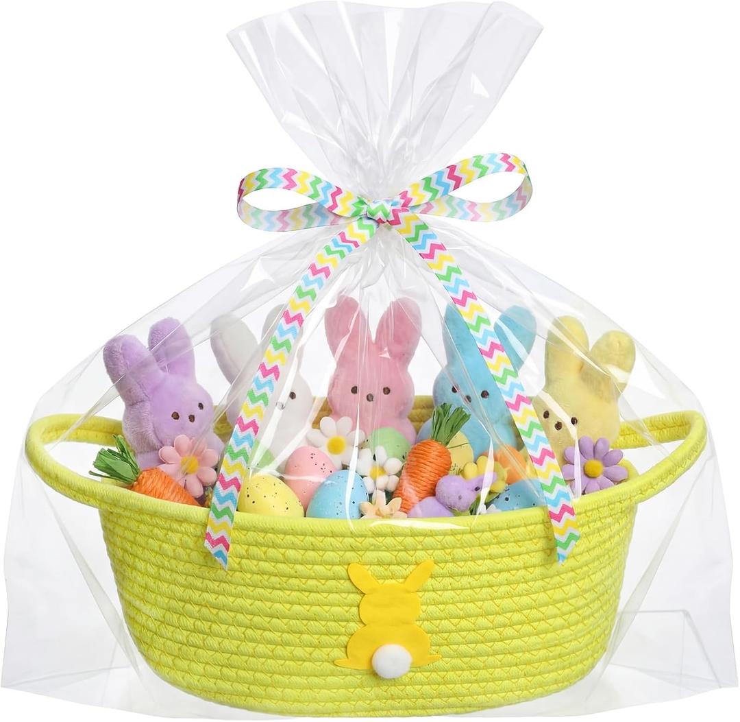 Teenyyou Woven Easter Baskets with Gift Bags & Ribbons, Small Cotton Woven Baskets for Gifts Empty, Rope Easter Basket with Handle for Gift Wrapping Egg Hunt Storage, 12"x 8" x 5"(1 Pcs,Light Yellow)