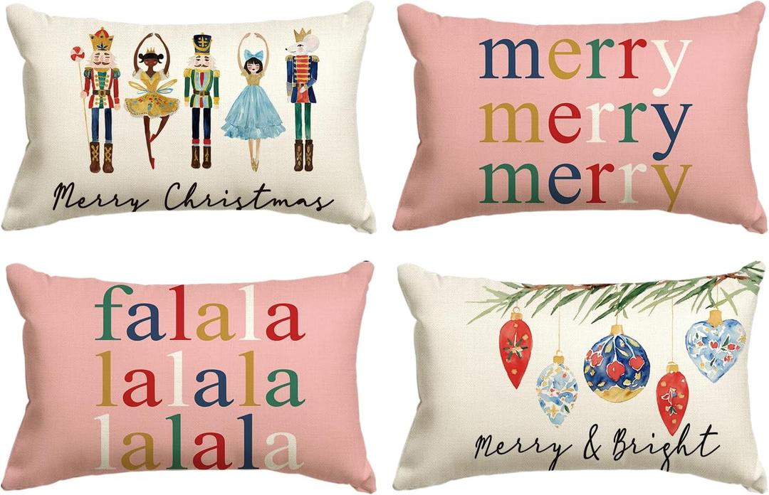 AVOIN colorlife Merry Christmas Nutcracker Pink Throw Pillow Covers, 12 x 20 Inch Winter Holiday Party Cushion Case Decoration for Sofa Couch Set of 4 (20" x 12" (Pack of 4), Pink)